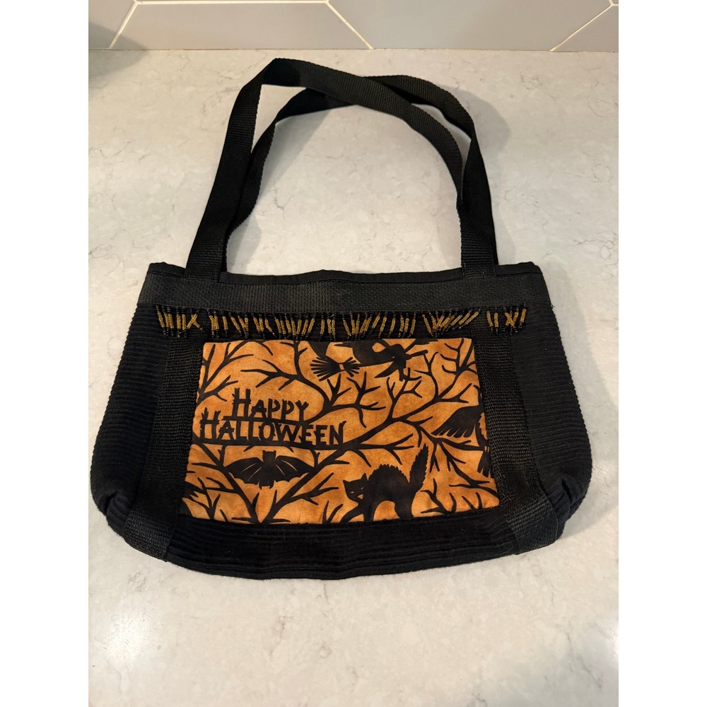 Handmade Halloween Tote Bag Black Orange Beaded Cat Bat Spooky Shoulder Bag